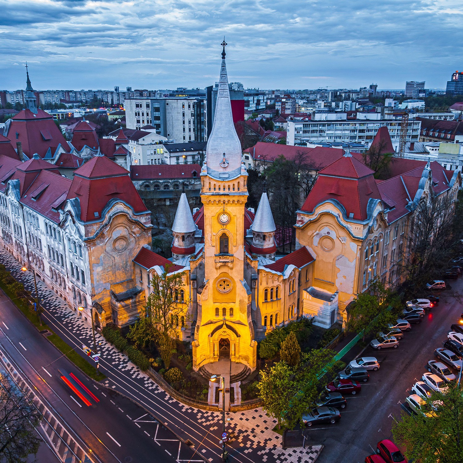 Aerial view of the Piarist church-chapel and their high school complex. Photo was taken on the 17th of April 2023 in Timisoara