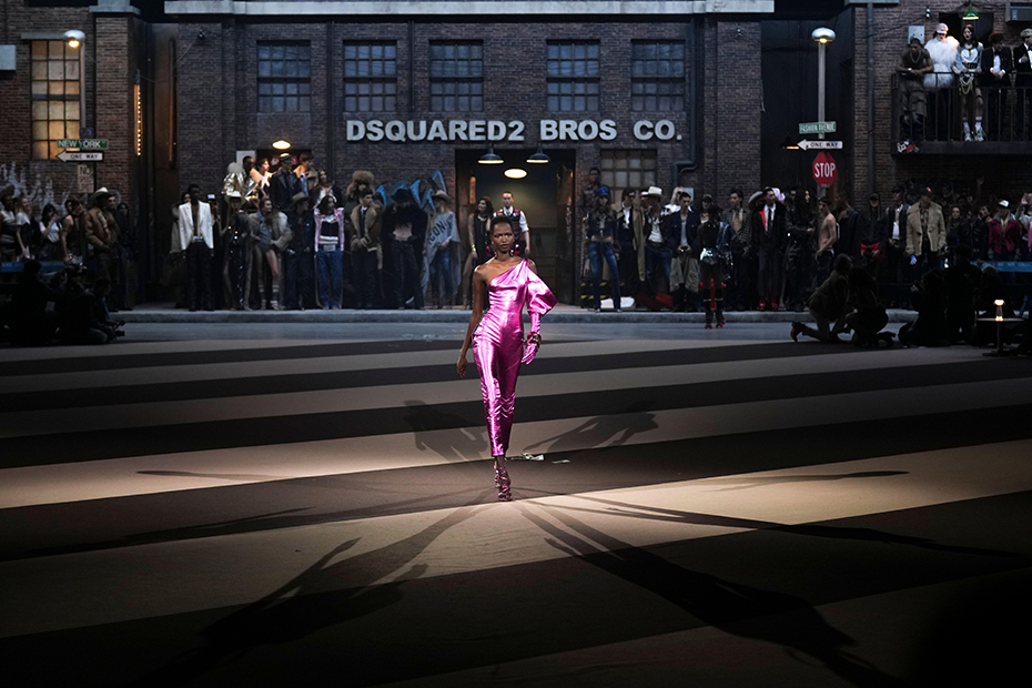 A model wears a creation as part of the Dsquared2 Fall/Winter 2025-2026 men's and women's collection presented in Milan, Italy